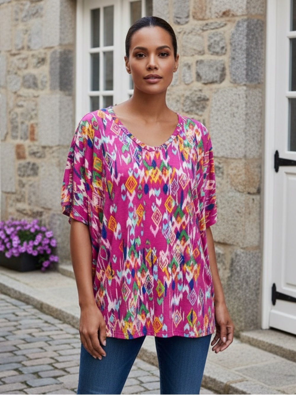 Zenana Oversized Sadie Bright, Fun, Colorful Geometric Women's Short Sleeve Top